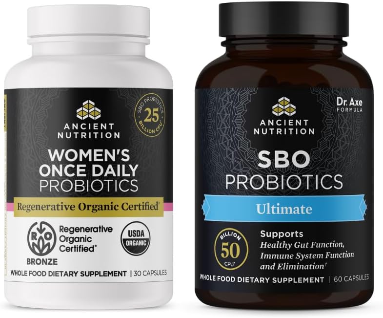 Ancient Nutrition Regenerative Organic Certified Probiotics, Women's Once Daily, 30 Count + SBO Probiotics, Ultimate, 60 Count