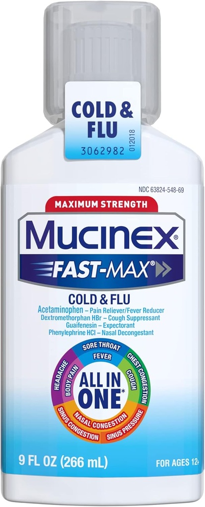 Mucinexの最高最高の強さのオールインワン風邪及びフルインの9つのozのびん、頭痛、ボディ痛み、痛み、フェーバー、箱の混雑、咳、鼻/鼻の混雑およびSinus圧力の使用のため