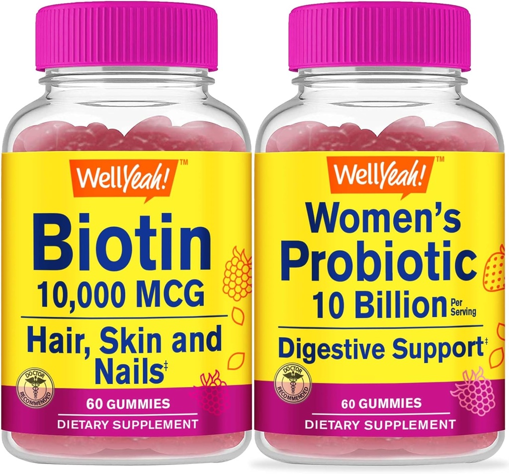 WellYeahの高い効力のBiotin +プロバイオティクスの女性10B CFU、グミーズバンドル - 偉大なテイスティング、ビタミンサプリメント、グルテンフリー、GMO無料、Chewable Gummy