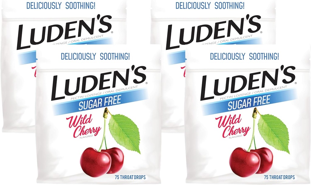 Ludens Sore Throat Drops, for Minor Sore Throat Relief, Sugar Free Wild Cherry, 75 Count (Pack of 4)