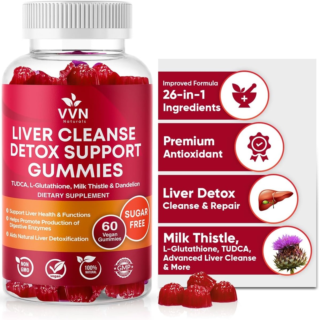 VVNaturals Sugar-Free 26-in-1 Liver Cleanse Detox & Repair Fatty Liver Formula Gummies; 3000mg Blend of Glutathione, Silymarin Milk Thistle, Choline, TUDCA | Liver Detox Gummies - 60 Vegan Ct