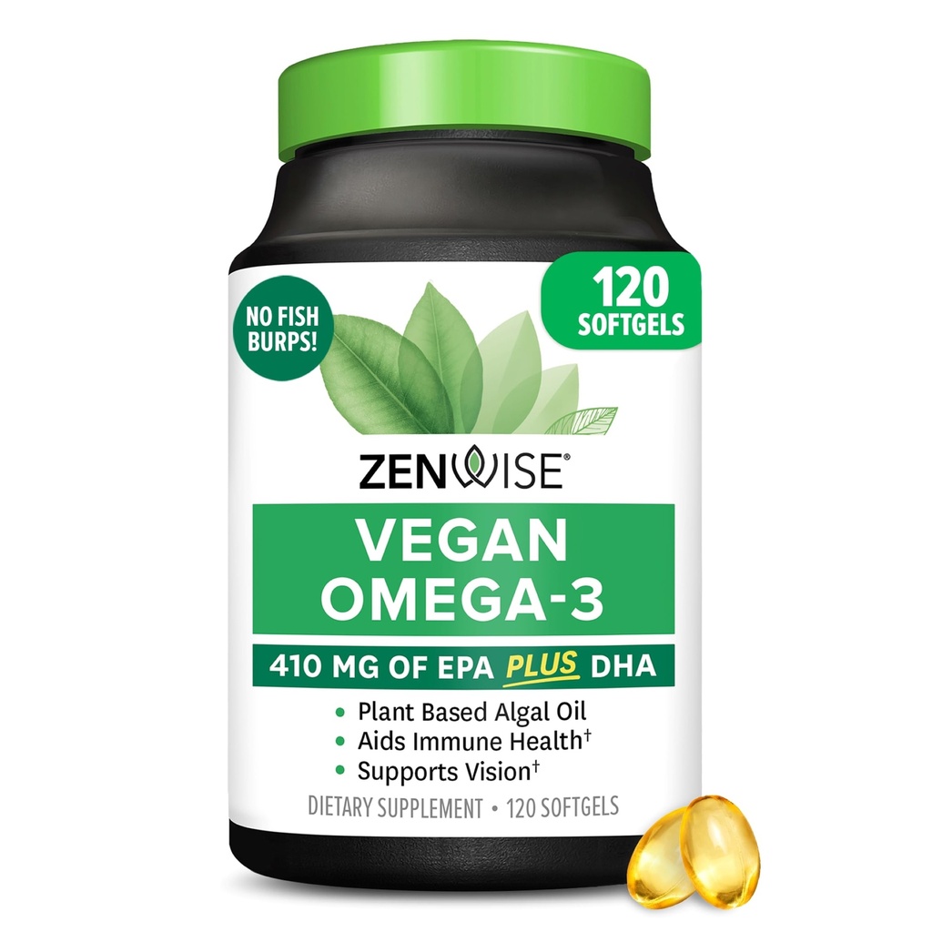 Zenwise健康ビーガンオメガ3サプリメント - DHA、EPA&DPA脂肪酸免疫健康 - 持続可能な供給海洋藻油から代替魚油 - 120Softgelsのバープレスオメガ3サプリメント