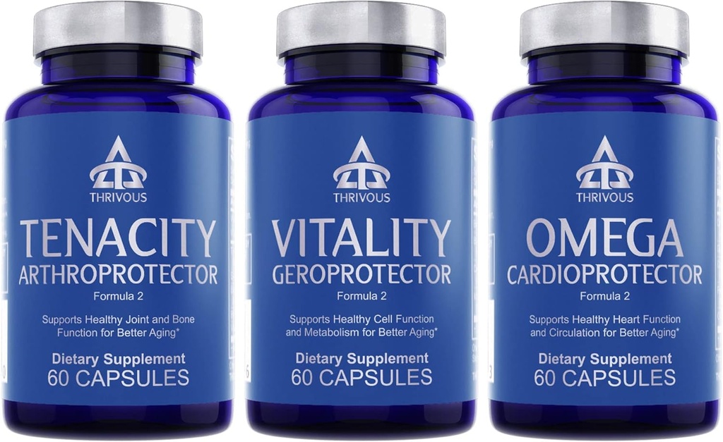 Thrivous Geroprotector Stack – Vitality + Tenacity + Omega Longevity Bundle for Metabolic, Joint & Heart Support – 180 Vegan Capsules