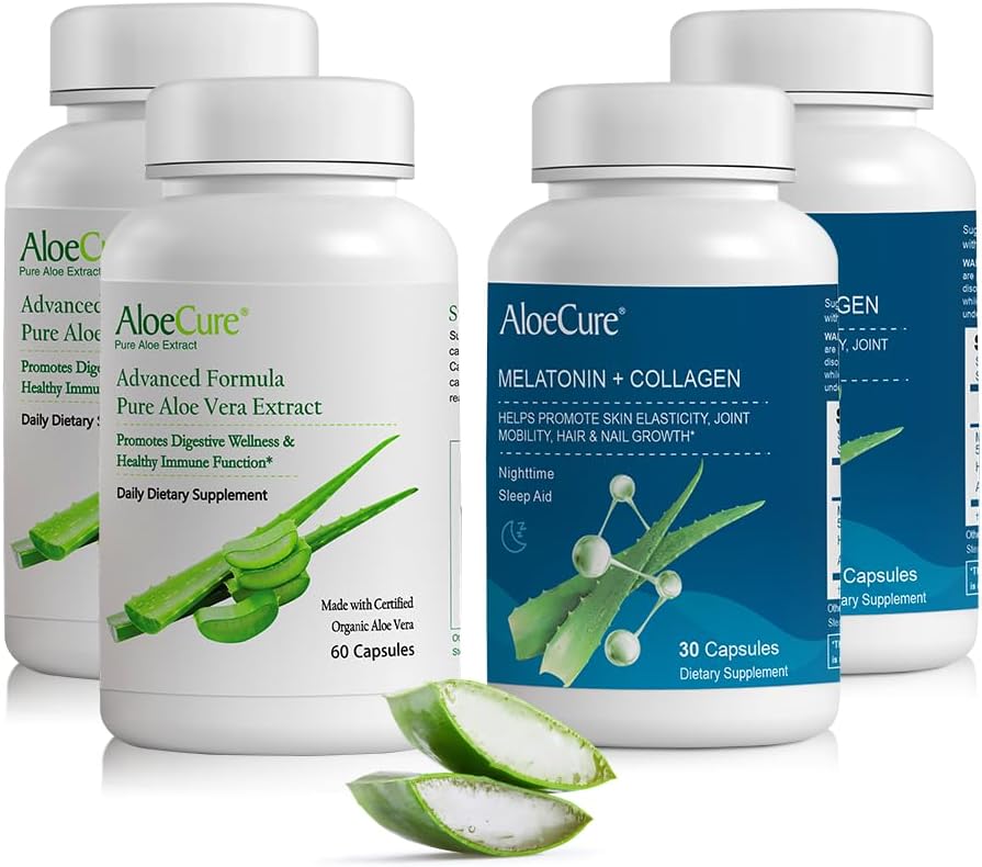 AloeCure有機アロエベラカプセルパック - 4ピース - 2 x Melatonin +コラーゲン、2 x Aloe Veraカプセル
