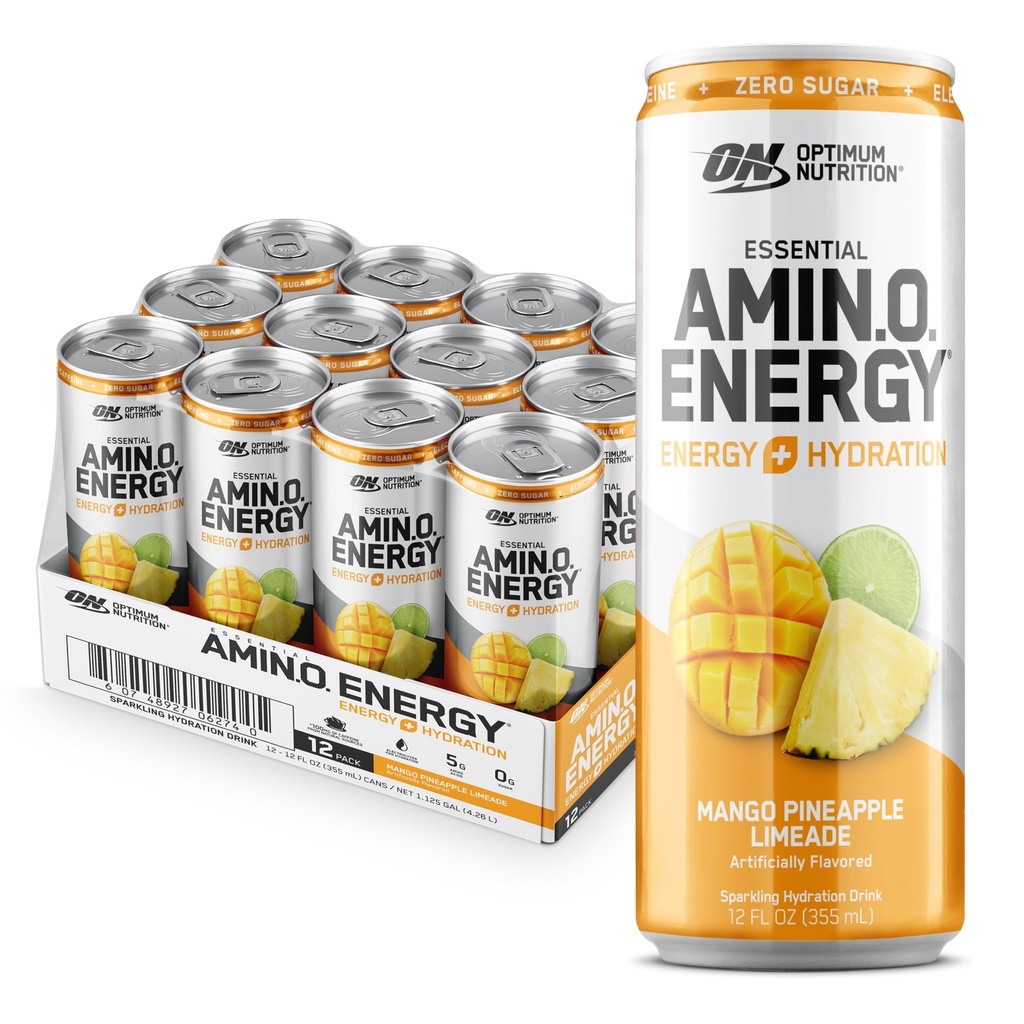 最適栄養アミノエネルギースパークリング水和ドリンク、電解液、カフェイン、アミノ酸、BCAA、砂糖フリー、マンゴーパイナップルリマイド、12 Flオズ、12パック(パッケージ5月Vary)