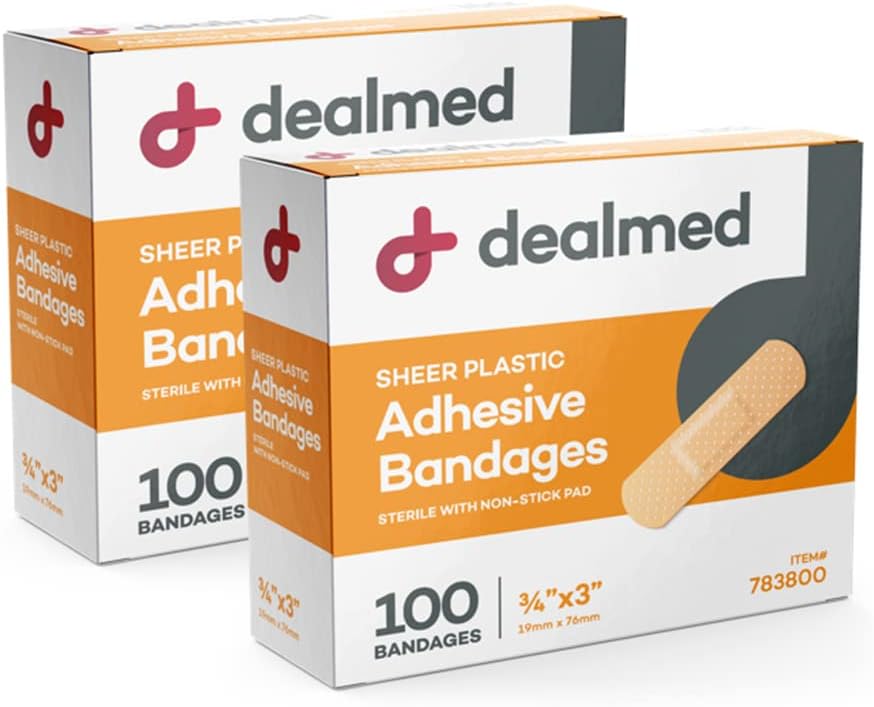 Dealmedの層のプラスチック適用範囲が広い付着力の包帯–非Stickのパッド、乳液の自由な、ファースト・エイドのキット、3" x 3/4"のための傷の心配が付いている100の計算(2のパック)包帯