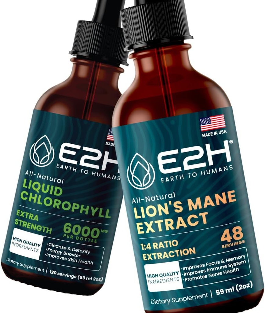 E2H:液体クロロフィルとライオンのマネのマッシュルーム | ヴィーガン、非GMO - 2 Fl Oz 各(4 Fl Oz合計) - バンドル