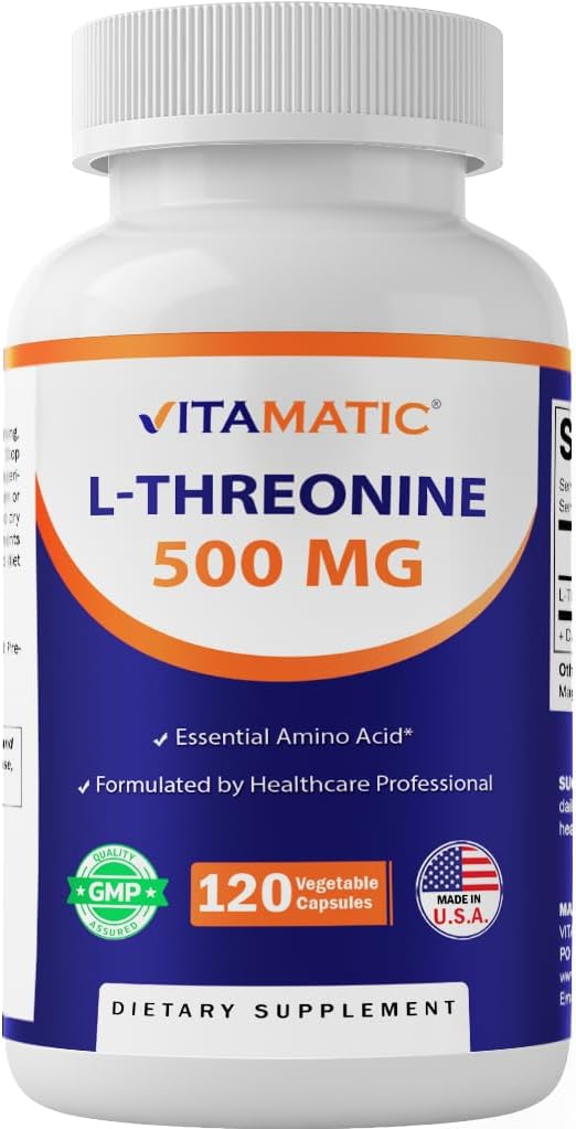 Vitamatic L-Threonine 500mg - 120の野菜カプセルは健康な肝臓、心血管及び構造機能を促進します