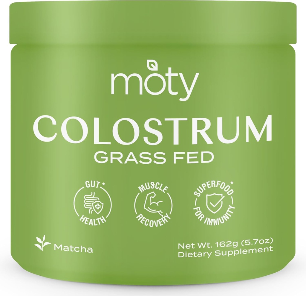 Moty Bovine Colostrum Grass Fed Powder Supplement for Gut Health, Muscle Recovery, Superfood for Immunity, Gluten Free (60 Servings) - Matcha Flavored