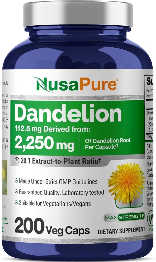 NusaPure Dandelion Root 20:1 抽出物, 112.5 mg 等価 2,250 mg 200 Veggie カプセル (非GMO, ビーガン)