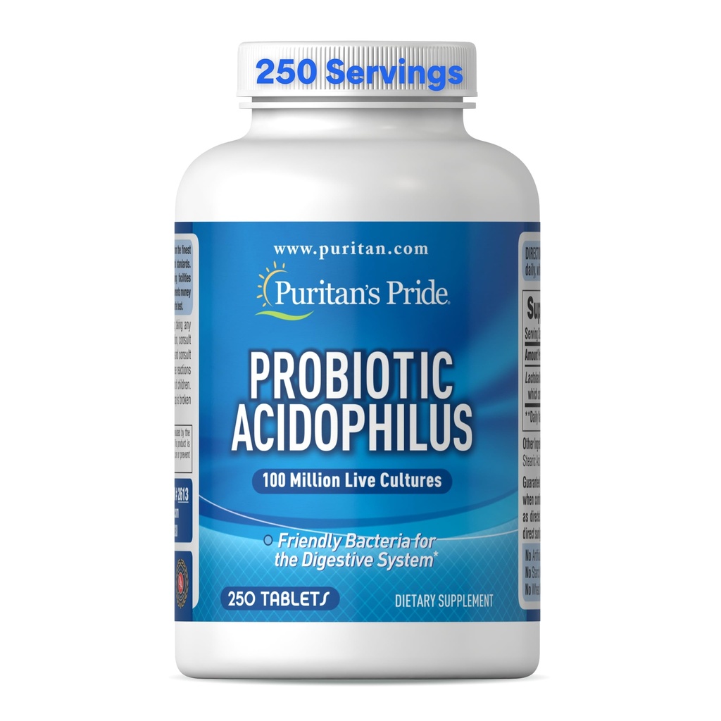 Puritan's Pride Daily Probiotic Acidophilus、100万人のライブ文化、消化器、腸、免疫の健康、大豆、ナトリウム、グルテンフリー、8ヶ月の供給、250錠