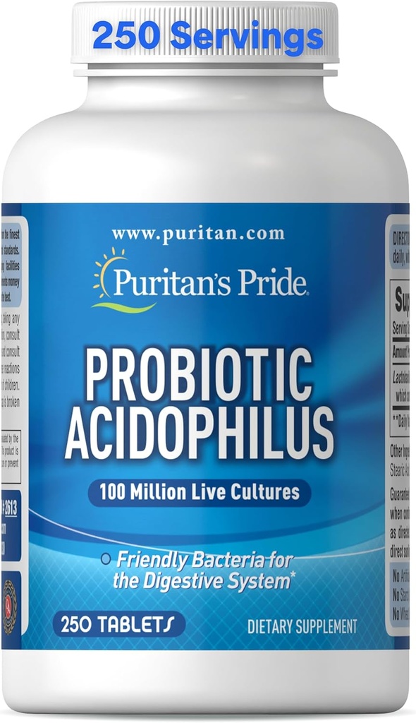 Puritan's Pride Daily Probiotic Acidophilus、100万人のライブ文化、消化器、腸、免疫の健康、大豆、ナトリウム、グルテンフリー、8ヶ月の供給、250錠