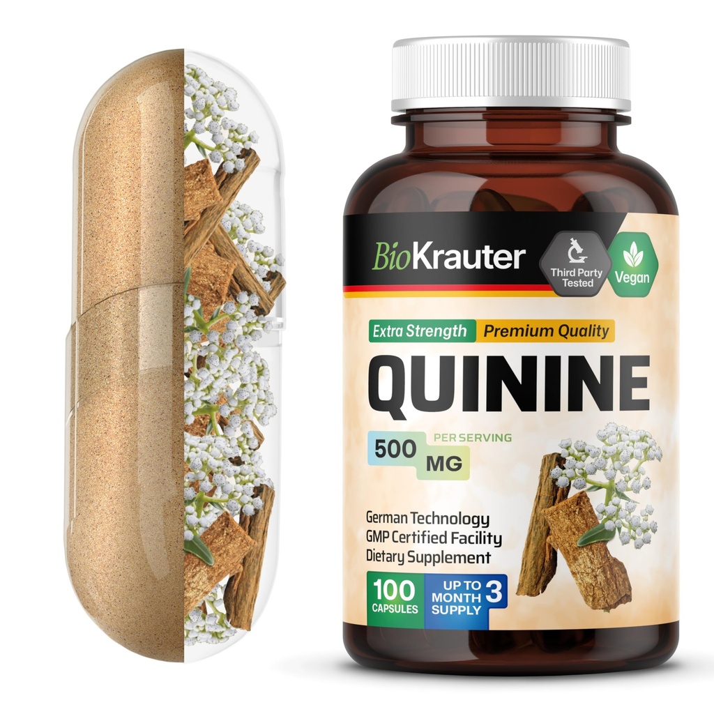 レッグ・クランプのためのBIO KRAUTER Quinine カプセル 500 mg - 100 カウント - シンチナ バルク パウダー - キイン カプセル - 完全菜食主義者の