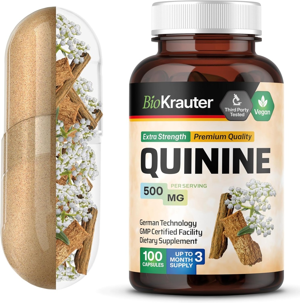 レッグ・クランプのためのBIO KRAUTER Quinine カプセル 500 mg - 100 カウント - シンチナ バルク パウダー - キイン カプセル - 完全菜食主義者の