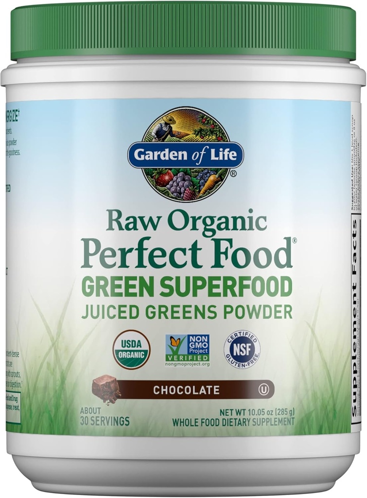 Garden of Life Raw Organic Perfect Food Green Superfood Juiced Greens Powder - Chocolate, 30 Servings - Non-GMO, Gluten Free, Vegan Whole Food Dietary Supplement, Plus Probiotics & Enzymes