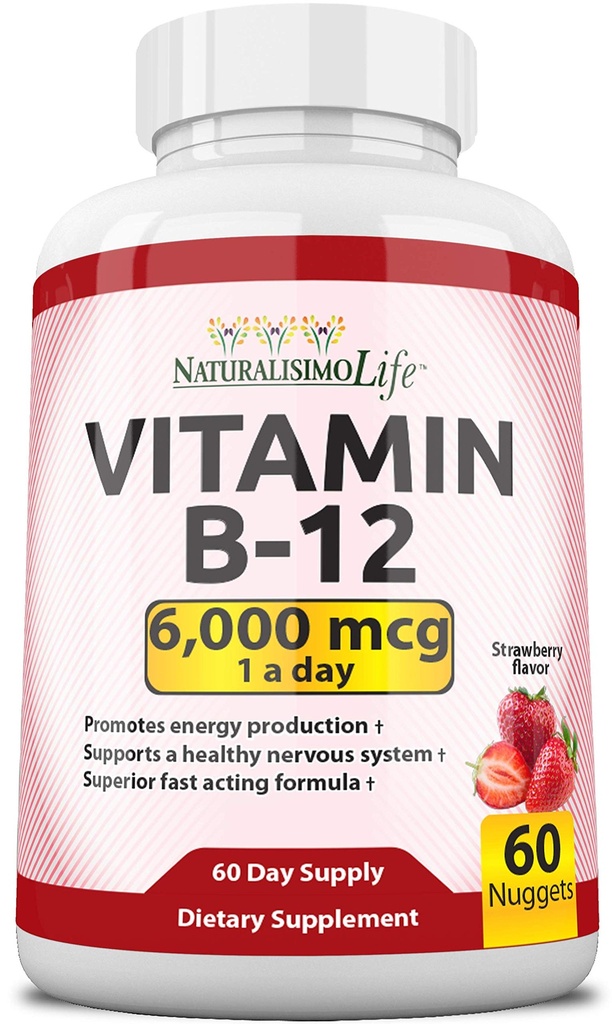 NaturalisimoLifeビタミンB12 6,000 mcg - クイックディスソルブイチゴ風味のナゲット - 60 Nuggets、非GMO、ビーガン、グルテンフリー