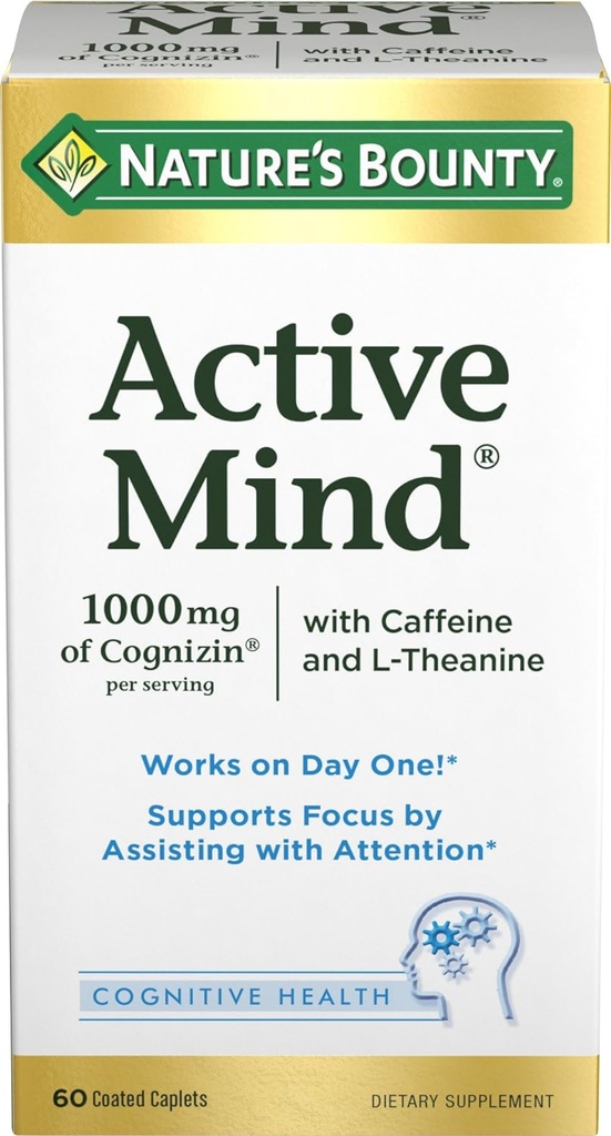 Nature's Bounty Active mind Dietary Supplement、L-TheanineとCaffeine Pills、60 Capletsの焦点と注意を、1000のmg Cognizin支えます