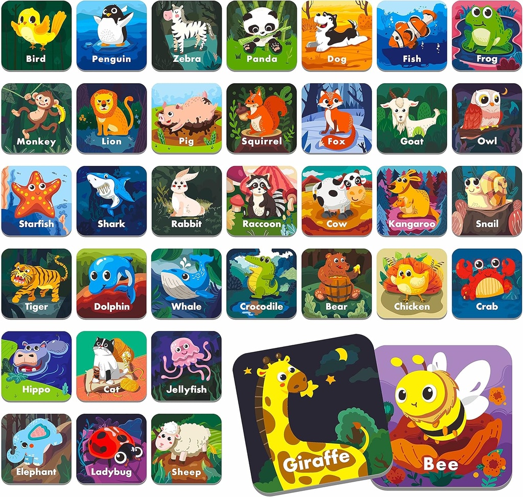 Hebayy 36 ペア動物マッチングメモリゲームフラッシュカード トーダー、プリスクール、幼稚園、ホーム。 消去可能、楽しい&高速、旅行フレンドリー、スキルビル。 サイズ 2" x 2" (5 x 5 cm)