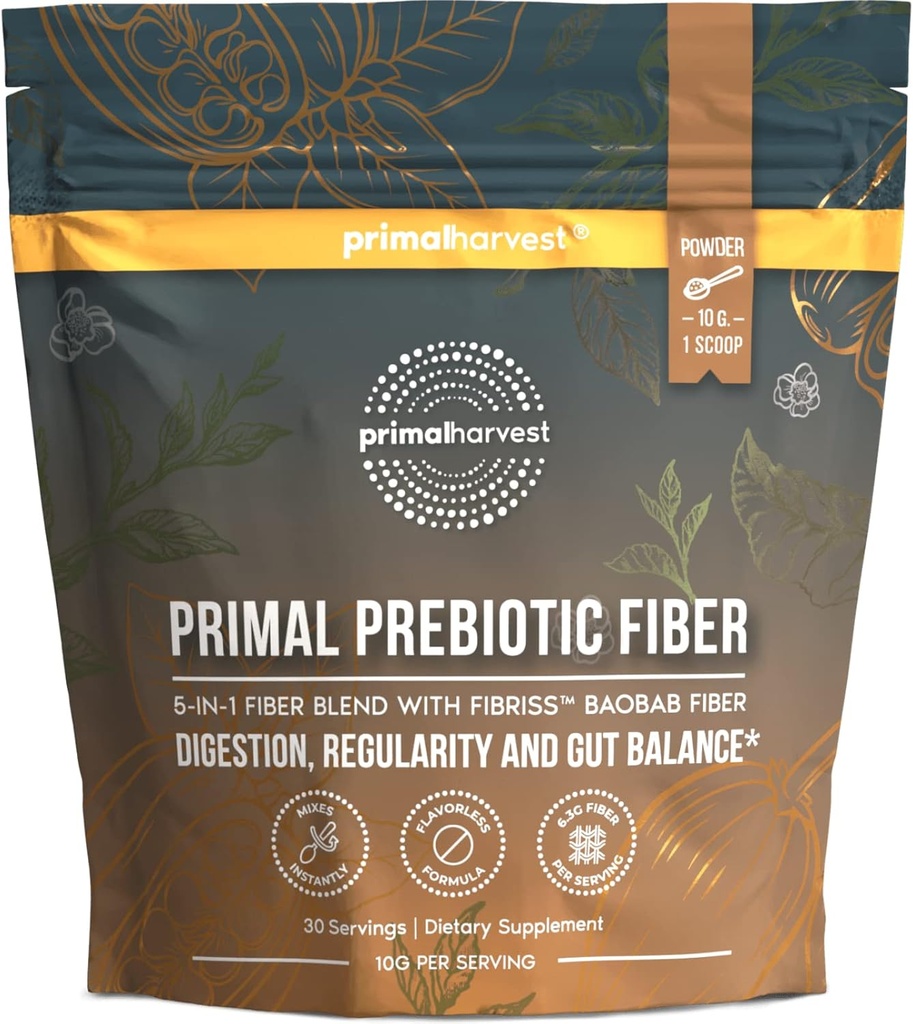 Primal Harvest Prebiotic Fiber Powder Unflavored, 30 Servings 5 in 1 Daily Supplement with Organic Acacia and Fibriss Organic Baobab Powder.