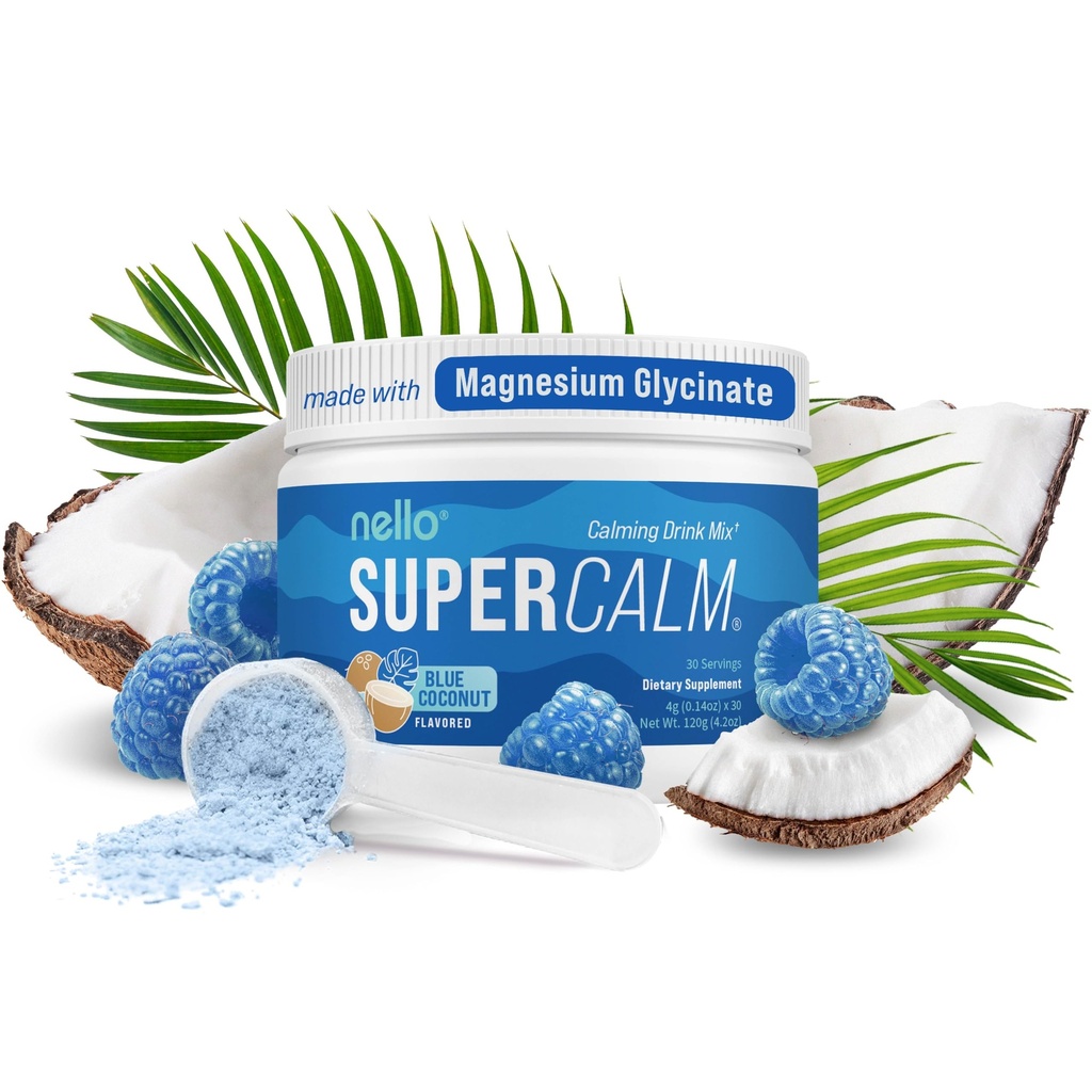 NelloのSupercalmは飲み物の組合せ、青いココナッツ、Lのテアニン、Ksm-66 Ashwagandha、マグネシウムのGlycinate、ビタミンD 3の弛緩及び焦点のための補足、砂糖無し、非GMO、上、30のSrvgsを粉にします