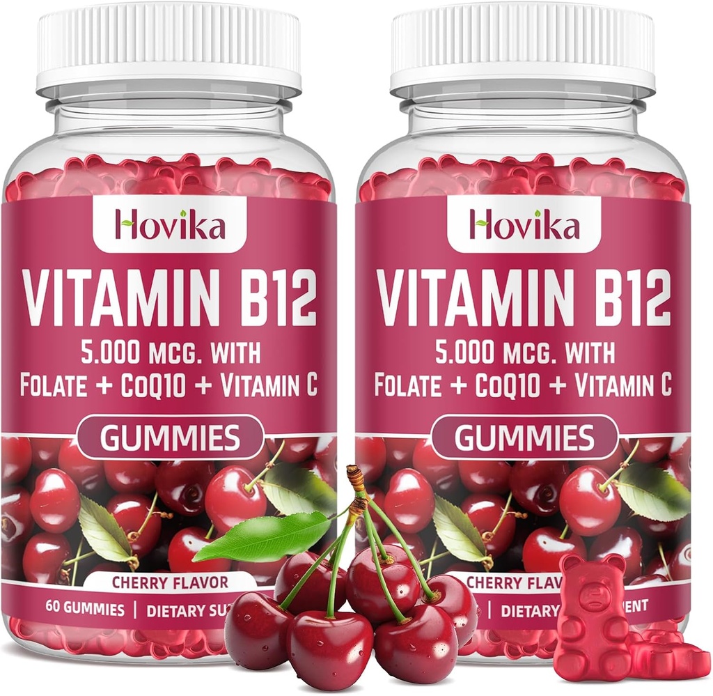Vitamin B12 Complex 5000 mcg Methyl B12, Adenosyl B12 & Hydroxy B12, with Coenzyme Q10, Folate, Vitamin C, Chewable B 12 for Energy Support, Metabolism, Bone Health - Cherry Flavor, 2 Pack
