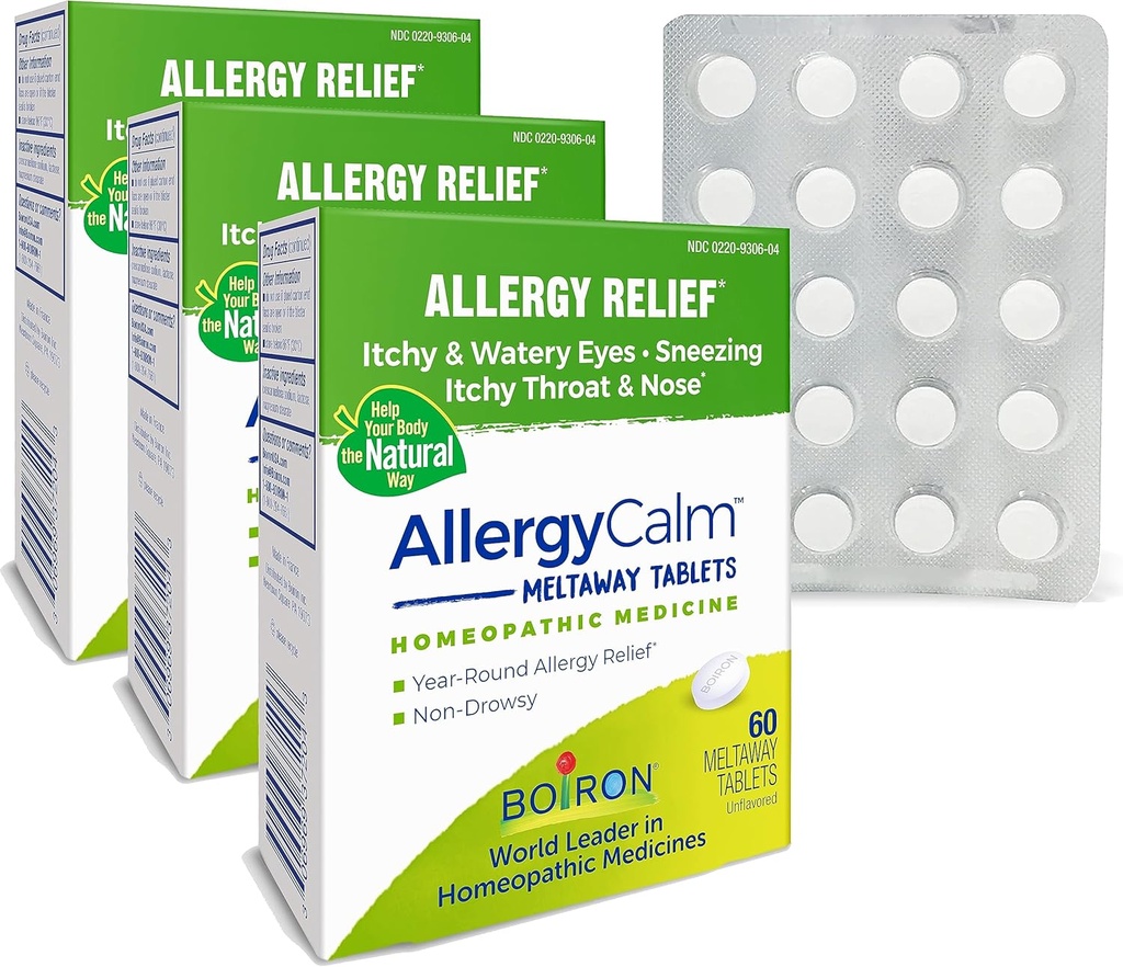 Boiron AllergyCalmは180の計算、アレルギーからの救助およびヘイ・フィーバーのSneezing、Rannyの鼻およびItchyの目か喉、アレルギーのカルム タブ(旧RhinAllergy)の症状(パック3 60ctの箱)を錠剤にします