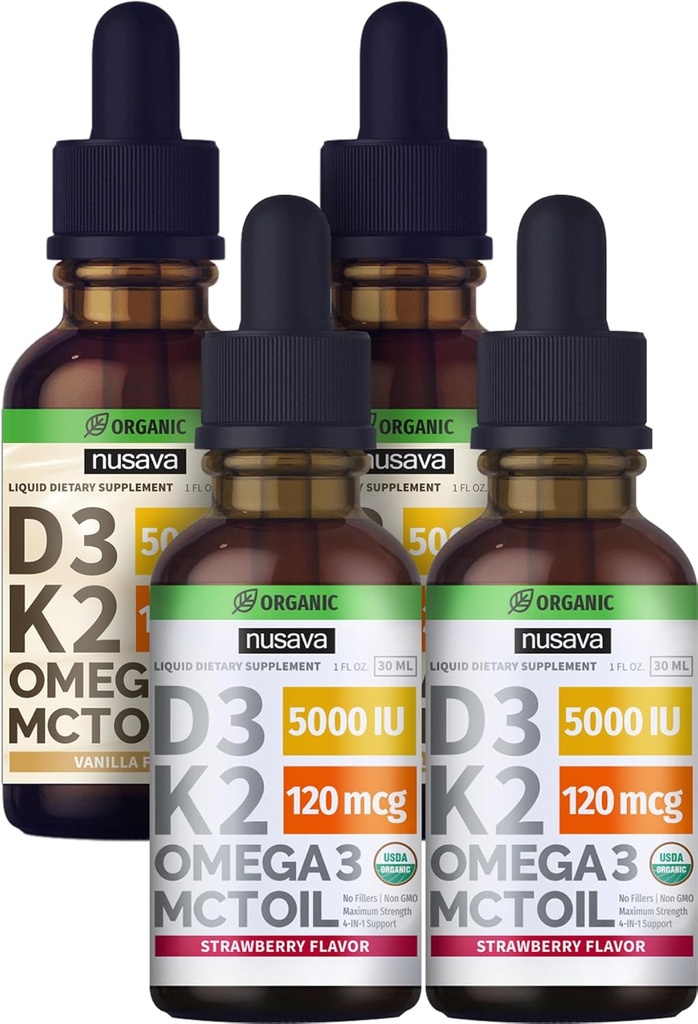 NUSAVA いちご風味の D3 K2 液体ドロップとバニラ風味の D3 K2 液体ドロップ バンドル - 心臓、関節、骨、筋肉、および免疫サポートのための強力な液体ビタミン - 非GMO、グルテンフリー、2 pk 各