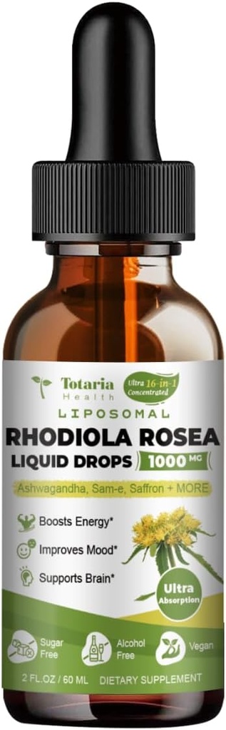 Totaria Liposomal Rhodiola Rosea Tincture 16 で 1, w/Ashwagandha, L-Theanine, Saffron, 超強度 Rhodiola Rosea Ashwagandha Cortisol 液体, 自然味