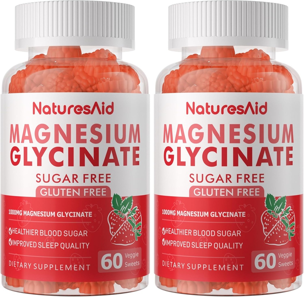 Magnesium Glycinate Gummies 1000mg - Sugar Free Magnesium Potassium Supplement with Vitamin D, B6, CoQ10 for Calm Mood & Sleep Support - 120 Strawberry Gummies -2 Pack