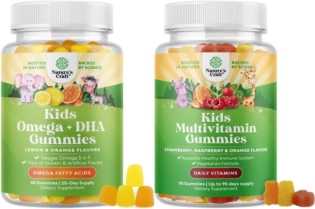 Bundle of Kids Gummies - DHA Fatty Acids Omega 3 6 9 for Brain, Immune Strength & Vision and Multivitamin for Immune Support with Vitamins A, C, D3, E, B6 & B12, Zinc & Iodine
