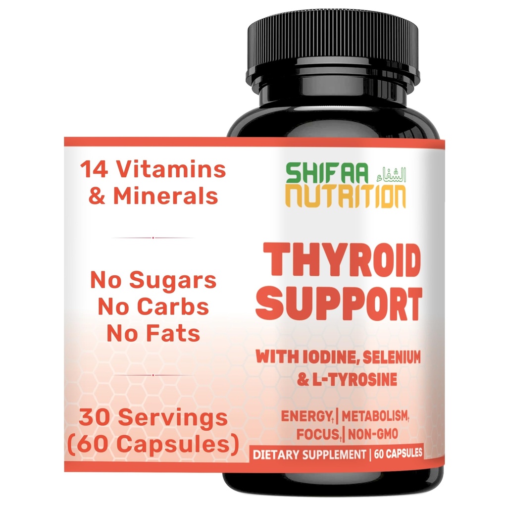 SHIFAA NUTRITION Halal Thyroid Support 30 のサービング | 非GMO の救助の補足 w/B12、Iodine、Selenium、L チロシン | サポート エネルギー、Metabolism、焦点、明快さ、Cortisol のバランス