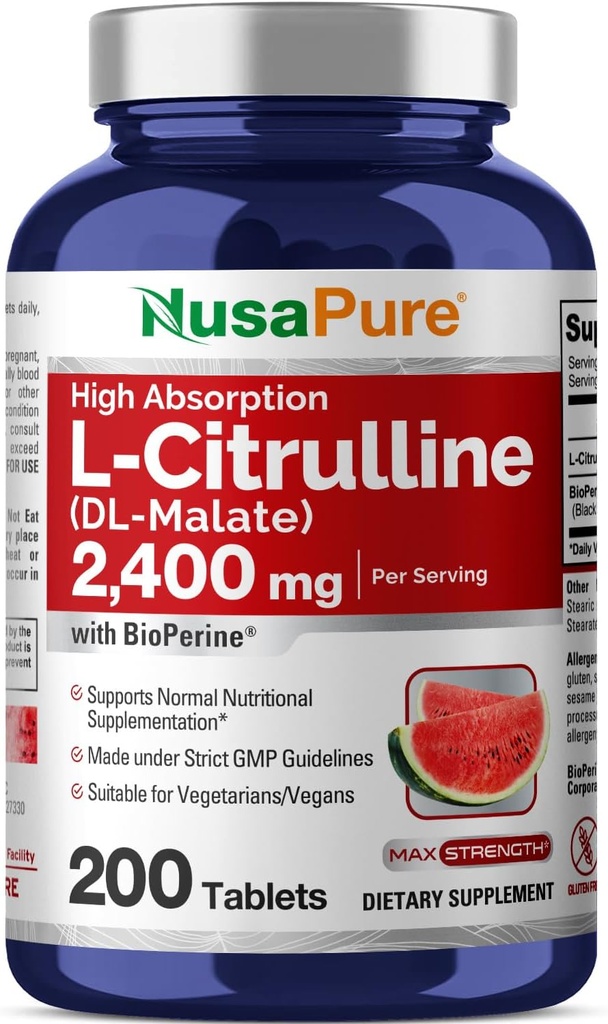 NusaPure L-Citrulline 2,400mg 200 ベジタリアンタブレット(非GMO、グルテンフリー、100日の供給、バイオペリン)
