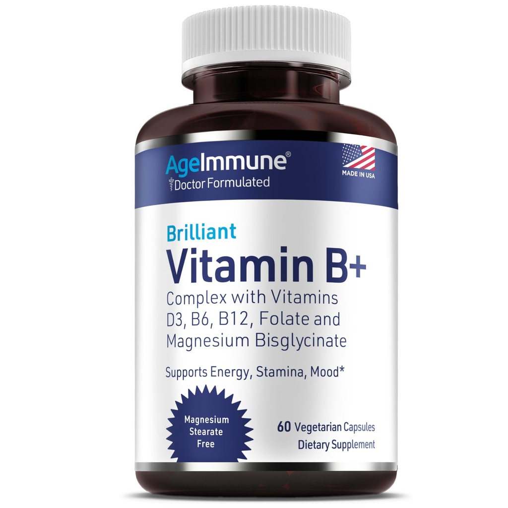 ビタミンD3 B12 B6のマグネシウムのBisglycinateが付いているAgeImmuneのビタミンBのコンプレックスおよびMethylfolate - 医者によって形成されるメチル化されたBの複雑な補足– 60のカプセル- Niacinなしで