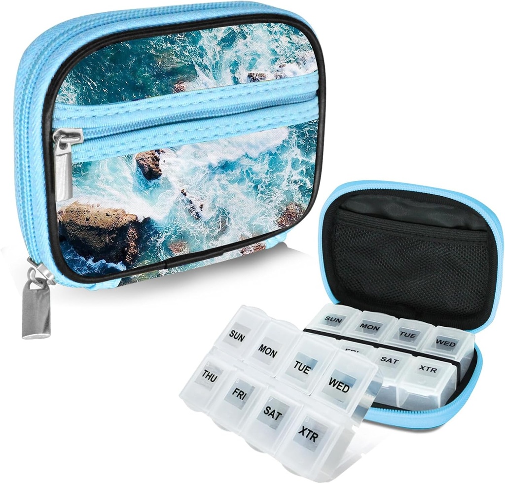 Serfeymi週刊旅行ピルオルガナイザーPill Case for Purse with Reable 7 Day Pill Box, Fashionable Travel Medicine, Vitamin, Supplement - Blue 03 + Pill Box