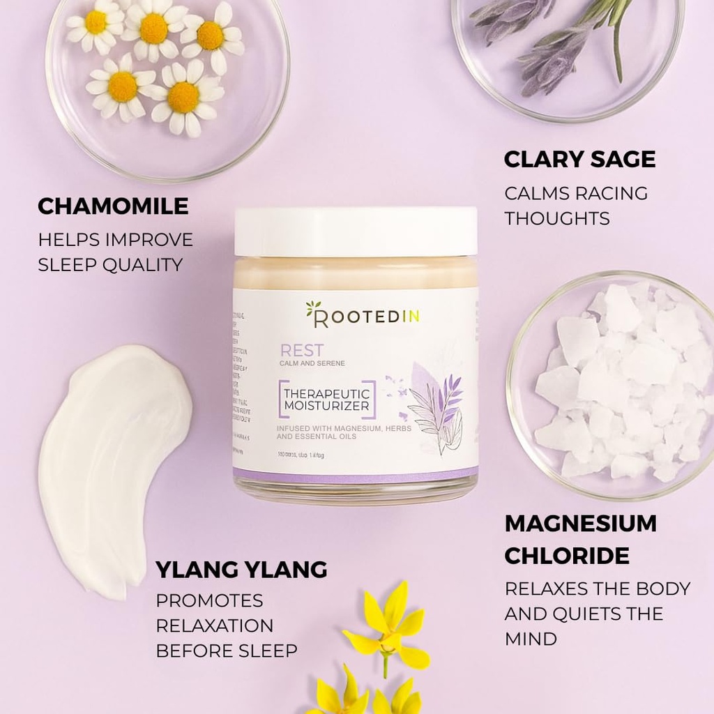 Rooted In Rest Magnesium Lotion for Sleep – Science Backed Sleep Aid – 2X More Magnesium Chloride – Fast, Effective Relaxation with Lavender, Passion Flower & Chamomile - Made in USA – 4 oz