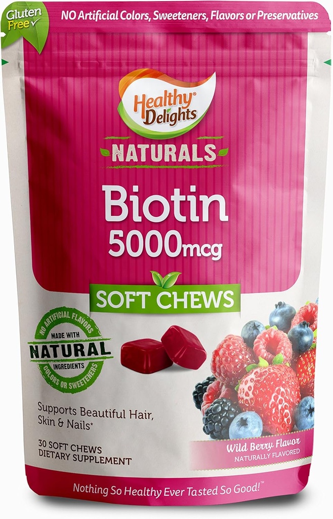 健康な Delights Naturals、Biotin の柔らかい咀嚼、サポート Lustrous 毛、輝く皮及び強い釘、おいしい野生の果実味、30 の計算