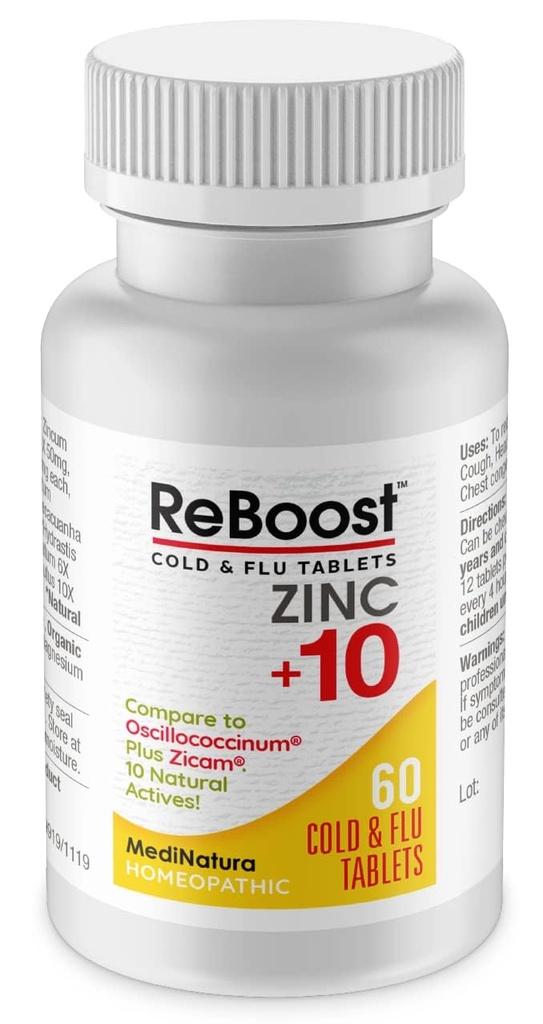 MediNatura ReBoost 亜鉛 +10 MAX 風邪 & フル 症状の軽減 速い機能, 非眠気 自然 Soothing Homeopathic 助けは全身の身体の不快感を取り除きます, 咳, 疲労, 混雑 - レモン - 60 錠