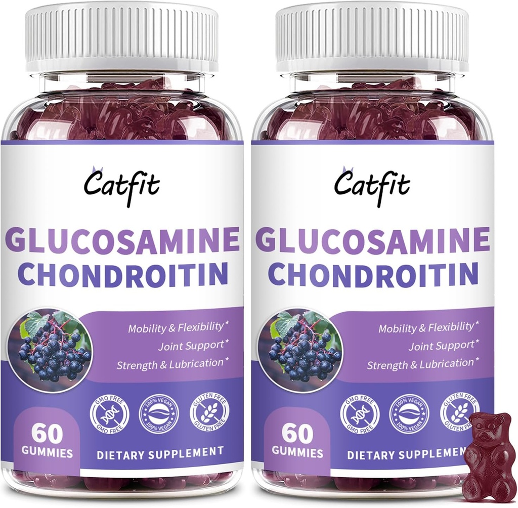Catfit Glucosamine Chondroitin Gummies,Extra Strength Joint Health Support Supplement with MSM & Elderberry, Antioxidant Immune Support Supplement for Adults Men & Women (2 Pack)