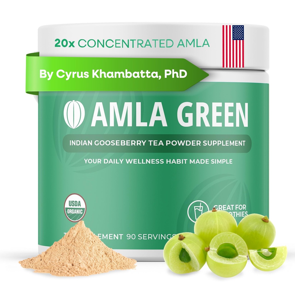 Amlaパウダー&グリーンティースーパーフードサプリメント, 20x超濃縮アマラ, 酸化防止サポート, Oolongティーとインドのグーズベリーで作られた, オーガニック, ビーガン, クラシックフレーバー, 90 サービング