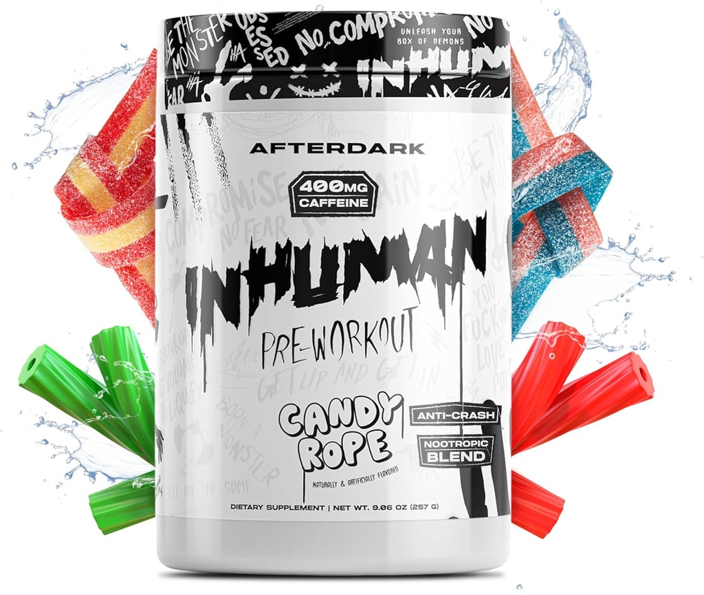 AFTERDARK INHUMAN Pre-Workout Powder, Enhanced Mind-Muscle Connection, Sustained Energy, Potent Nootropic Blend, Vegan, Gluten-Free, Soy-Free, 400mg Caffeine, No Crash, Candy Rope