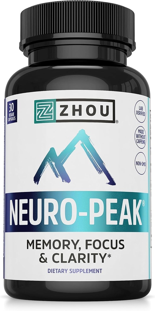 Zhou Neuro-Peak - 記憶と焦点のための脳サプリメント、男性と女性のための向知性、大人のための脳サポートピル、脳ビタミン - 30ベジギーカプセル(パッケージ1)