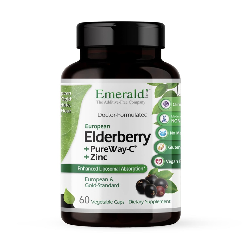 EMERALD LABS のエルダーベリー プラス - 消化管 & ヨーロッパのエルダーベリー エキスと免疫 サポート, ビタミン C として PureWay-C & Albion のケレート亜鉛 - ビーガン & グルテンフリー - 60 野菜カプセル (30 日供給)