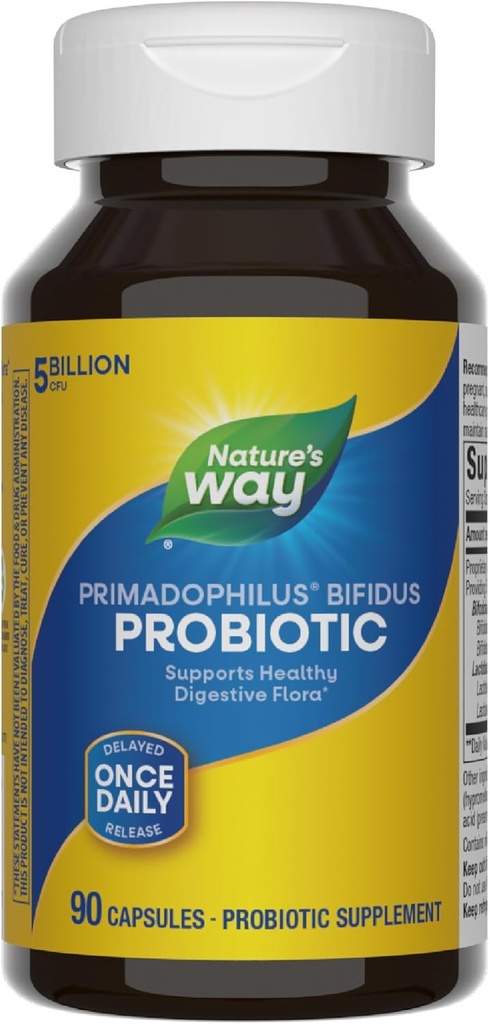 Nature's Way Primadophilus Bifidus Probiotic, Supports Digestive Flora*, 5 Billion Live Probiotic Cultures per Capsule, Lactobacilli, Bifidobacteria, 90 Capsules (Packaging May Vary)