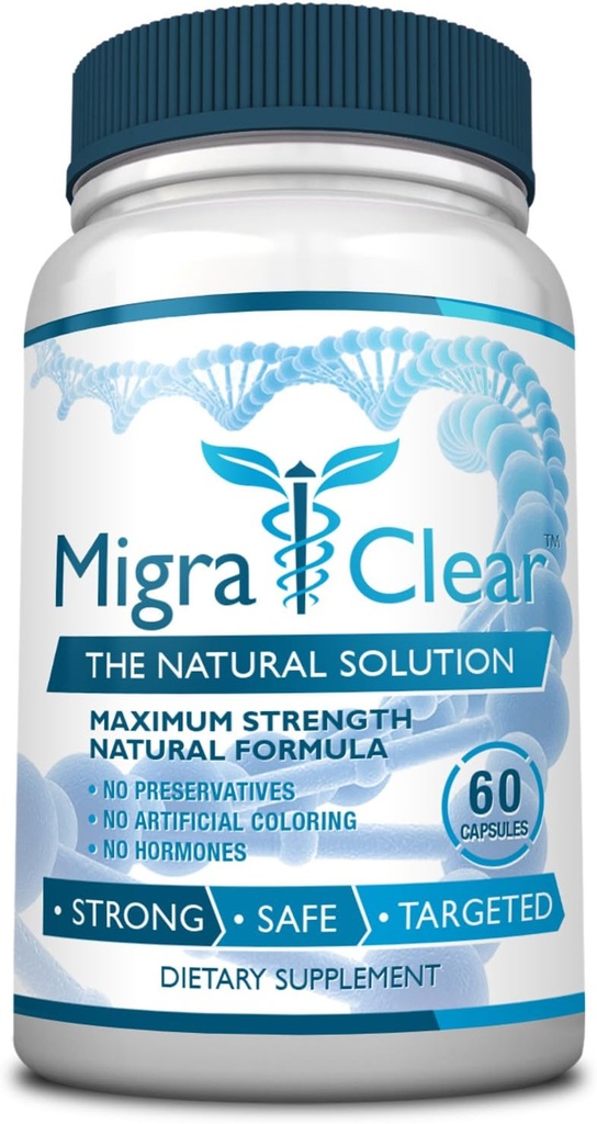 All Natural Migraine Support - Magnesium, Ginkgo Biloba, Ginger, White Willow, Feverfew - 60 Capsules - 1 Bottle