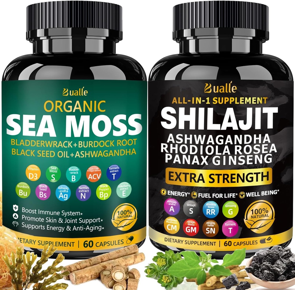 Bualle海苔とShilajitバンドル-海苔300mg、黒の種子油100mg、Ashwagandha 50mg、Ginger&Shilajit 300mg、Rhodiola Rosea 100mg、Panax Ginseng 50mg、1つのサプリメント-USA Made(2パック)