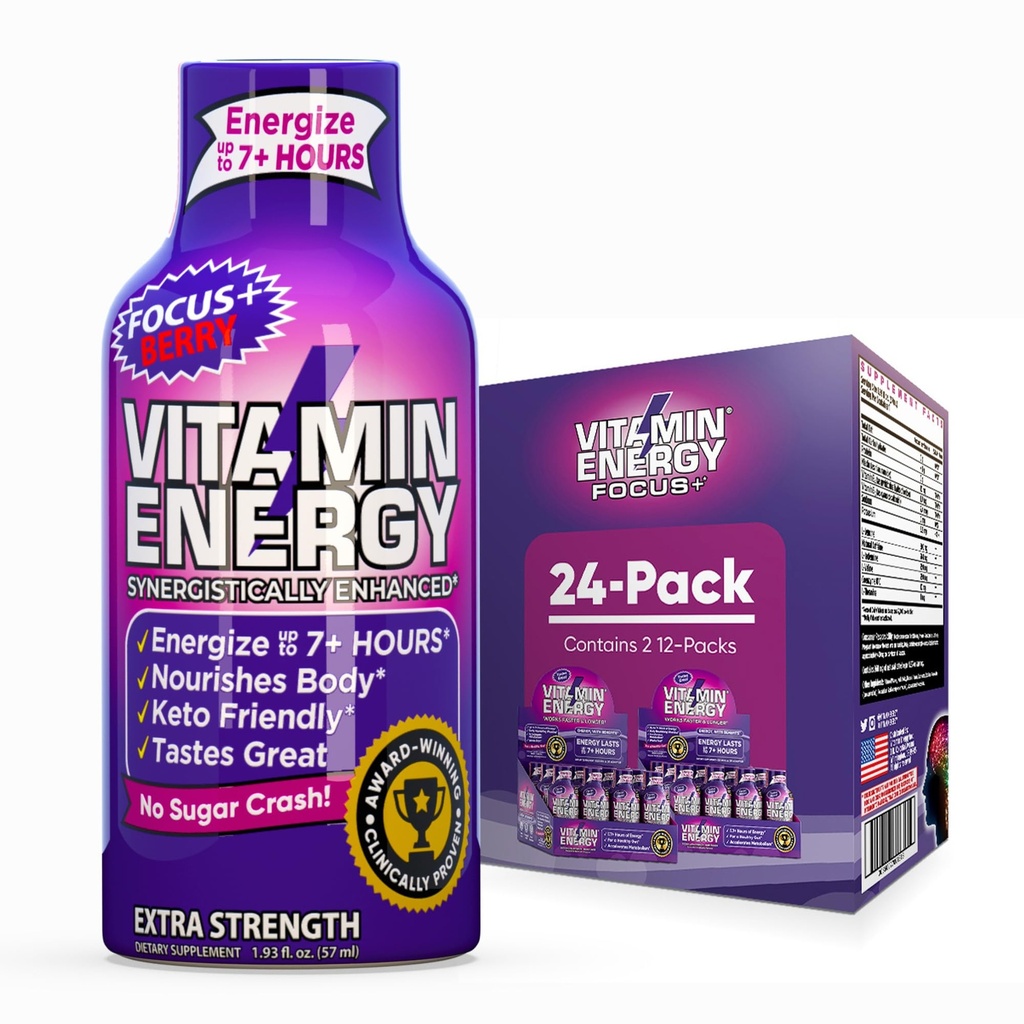ビタミン エネルギー焦点+ の余分強さエネルギー ショット ベリー 24 のパック、260mg 自然なカフェイン、B ビタミン、CoQ10、アミノ酸、焦点、生産性及び明白、ゼロ砂糖、グルテンフリー、1.03 fl oz