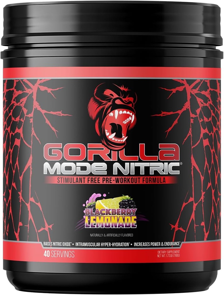 Gorilla Mind - Gorilla Mode Nitric Upgraded Stimulant Free Pre-Workout – Best Tasting & Most Effective Stimulant Free Pre-Workout/Massive Pump · Vasodilation · Power / 780 Grams (BlackBerry Lemonade)