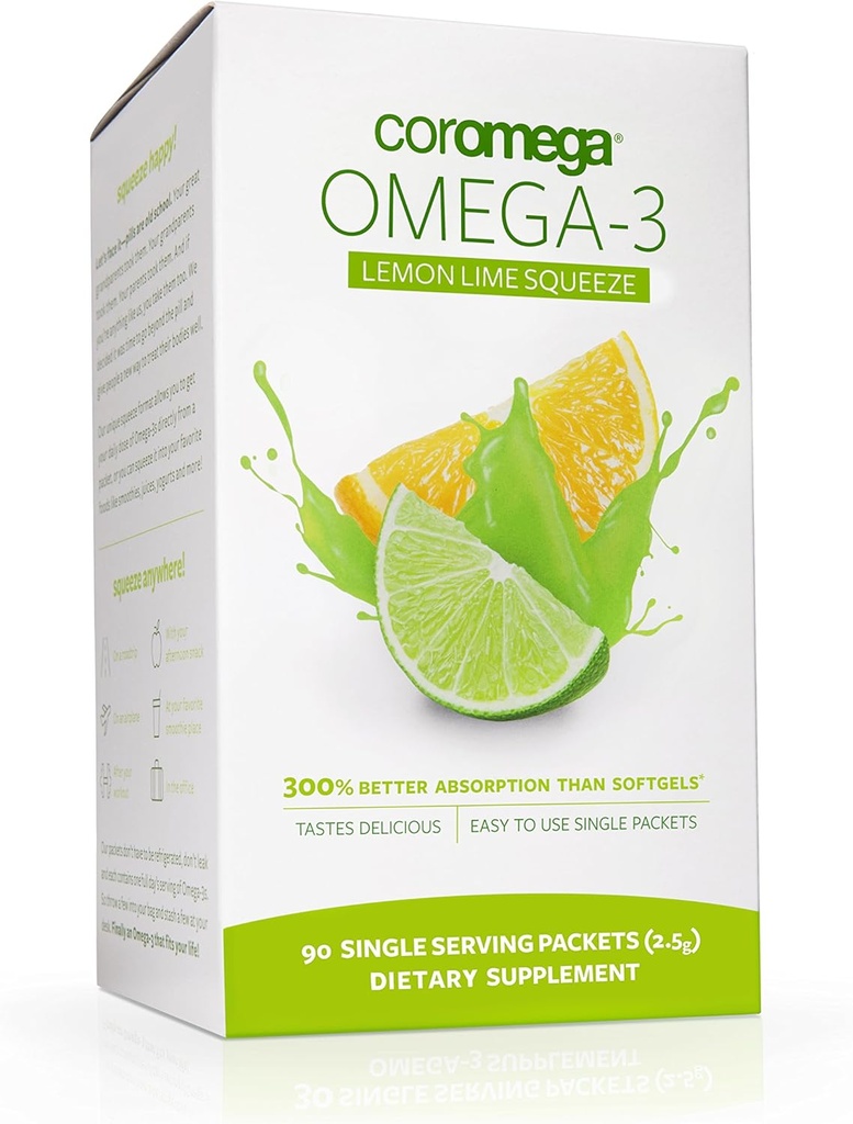 Coromega Omega 3の魚油の補足、3XのOmega-3sの650mgはSoftgels、レモン ライムの味、90の単一のServe Squeezeの小箱より吸収よく吸収します