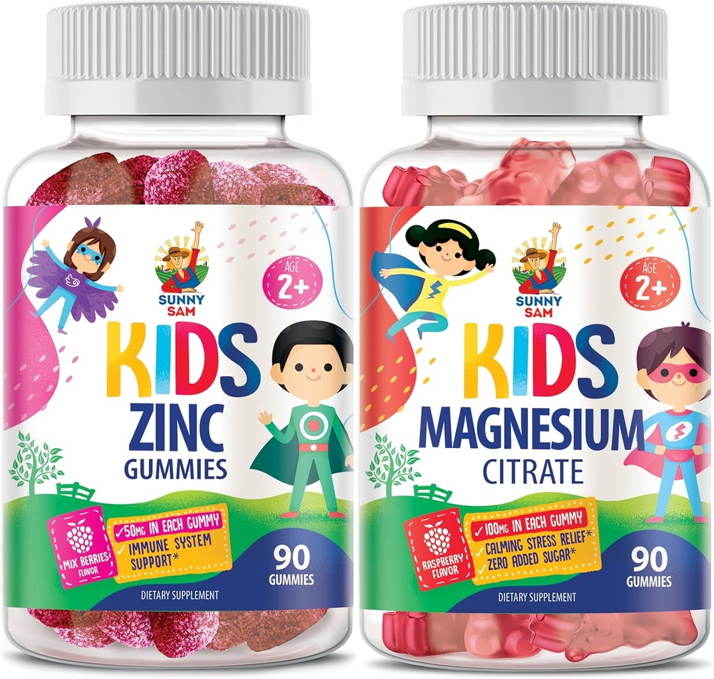 SUNNY SAM Magnesium Gummies for Kids & Zinc Gummies for Kids & Adults - Zinc Chewable Gummy for Immune Support - Powerful Natural Antioxidant Non-GMO Supplement for Children Men Woman Adults.