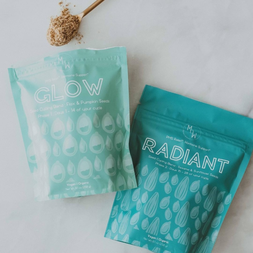 マンスキのウェルネス・グロー&ラディアントシードサイクルキット | PMSサポート | オーガニックシードサイクリング | 天然ホルモンバランス | イースクランプ | サイクル症状を軽減 | ビーガンサプリメント